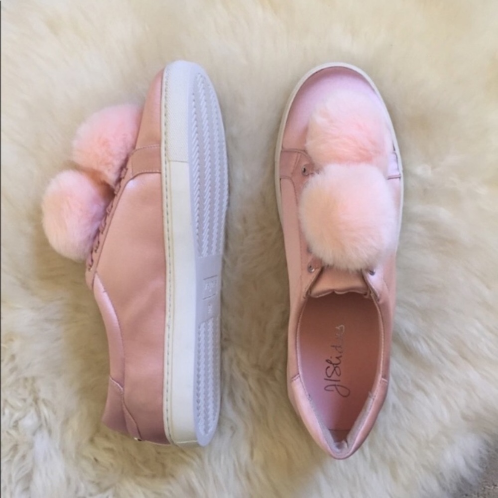 J/Slides Pink Cash Satin Faux Fur Pompom Sneakers - Picture 2 of 6